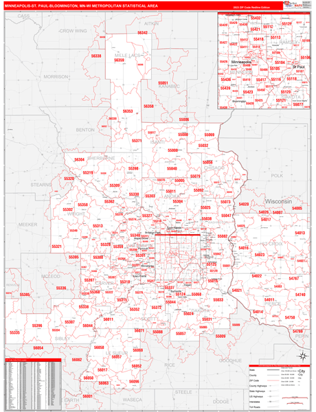 Minneapolis-St. Paul-Bloomington Metro Area Wall Map Red Line Style